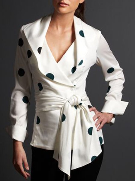 

V Neck Simple Polka Dots Blouse, White, Blouses and Shirts