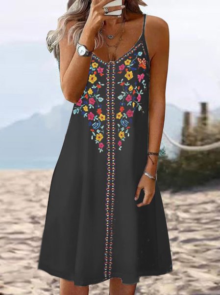 

Casual Ethnic Floral Design V-Neck Sling Dress, Black, Dresses