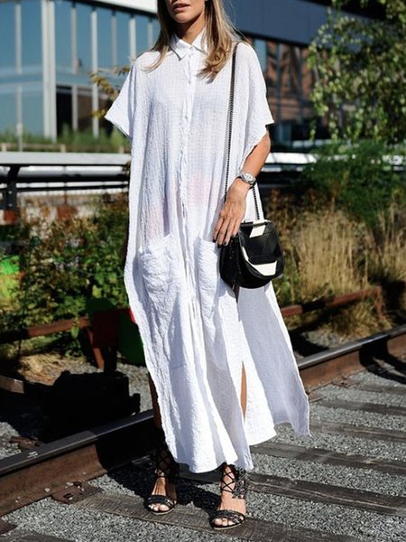

Daily White Short sleeve Shirt Collar Plain Simple Dress, Midi Dresses