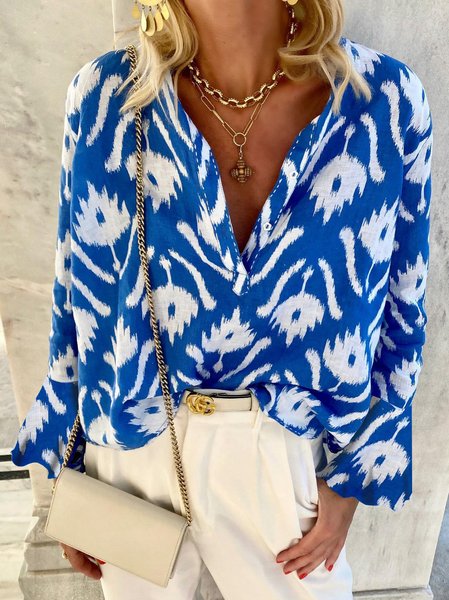 

Tribal Casual Vacation Long sleeve V Neck Tribal Blouse, Blue, Blouses & Shirts
