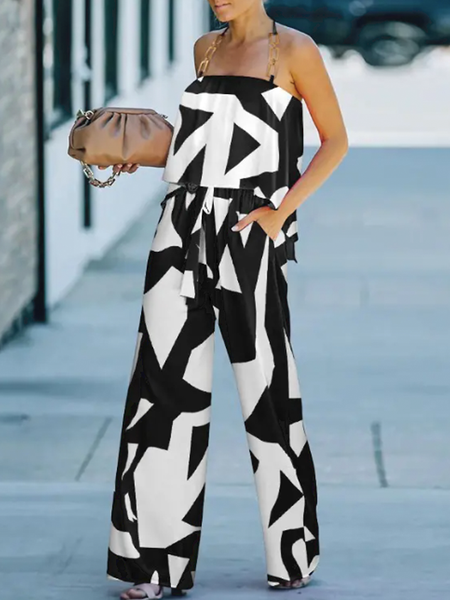 

Summer Lightweight Square Neck Geometric Vacation Two Piece Sets, Black, Pants Set
