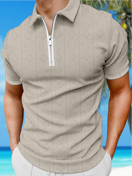 

Resort Style Hawaiian Series Botanical And Floral Elements Pattern Lapel Short-Sleeved Polo Print Top, Light khaki, Men's t-shirts