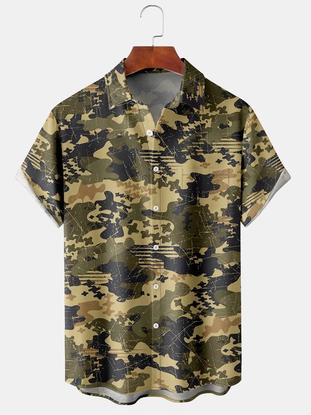 

Men's Art Camo Casual Short Sleeve Hawaiian Shirt with Chest Pocket, Green, Men's Floral shirt