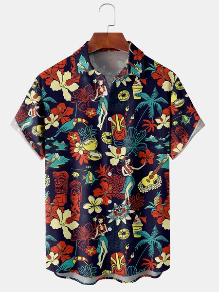 

Hawaiian Graphic Men's Casual Short Sleeve Chest Pocket Shirt, Purplish blue, Men's Floral shirt