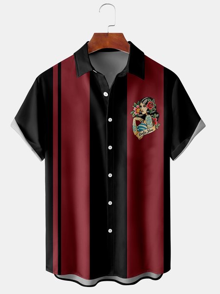 

Mens Retro Hula Girls Print Lapel Chest Pocket Short Sleeve Bowling Shirts, Black, Men's Floral shirt