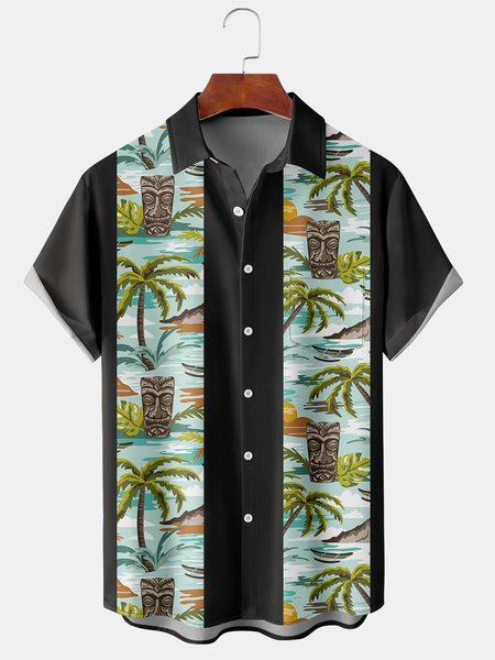 

Hawaiian Graphic Men's Casual Short Sleeve Chest Pocket Shirt, Black, Men's Floral shirt