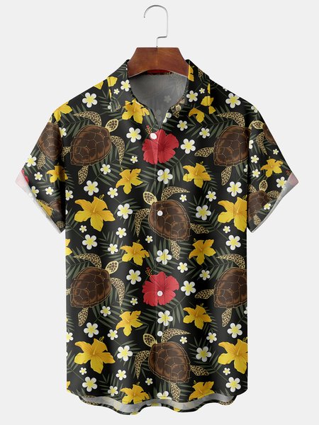

Men's Turtle Print Casual Short Sleeve Hawaiian Shirt with Chest Pocket, Blue, Men's Floral shirt