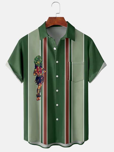 

Hawaiian Graphic Men's Casual Short Sleeve Chest Pocket Shirt, Green, Men's Floral shirt