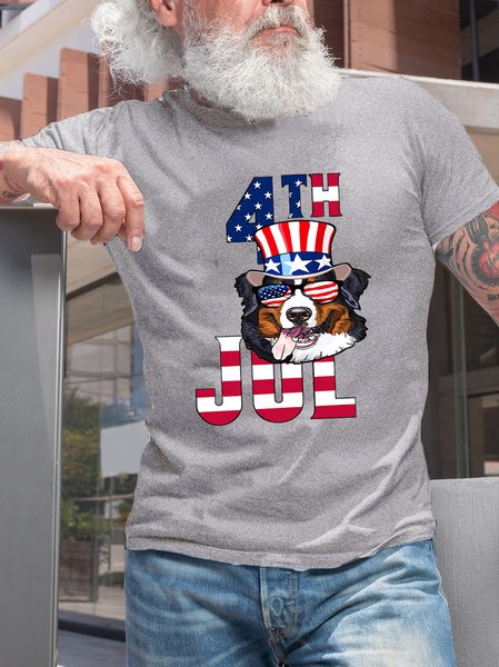 

Independence Day Funny Dog Print Crew Neck T-Shirt, Light gray, T-shirts
