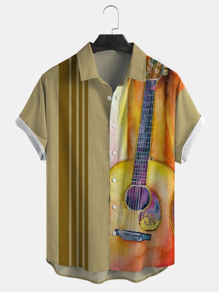 

Cotton Linen Music Print Casual Short Sleeve Shirt, As picture, Men's Floral shirt