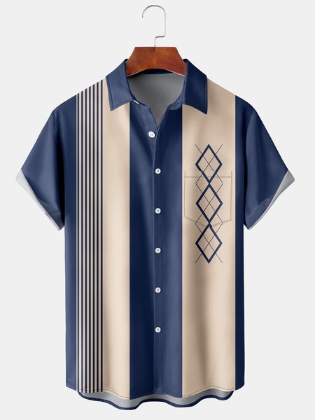 

Mens Casual Vintage Bowling Stripes Short Sleeve Shirt Button Down Shirt With Pocket, Royal blue, Short Sleeve Shirts