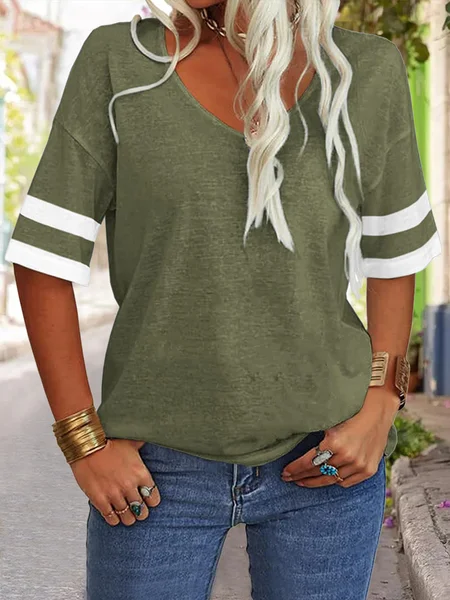 

Color Block V Neck Loosen T-Shirt, Green, T-Shirts