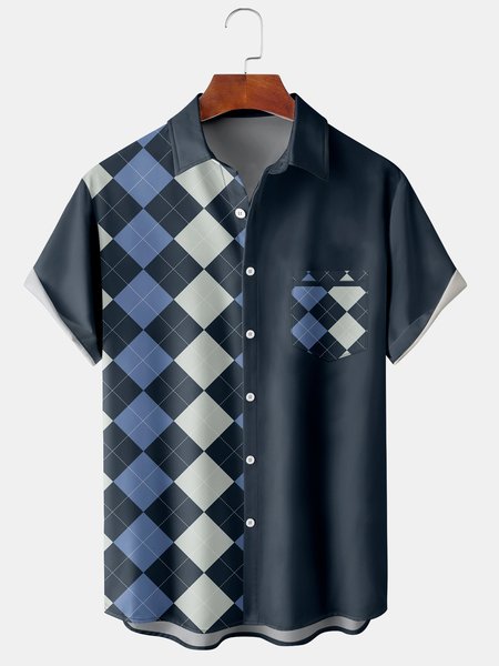 

Casual Art Collection Geometric Stripes Color Block Pattern Lapel Short Sleeve Shirt Print Top, Purplish blue, Men's Floral shirt