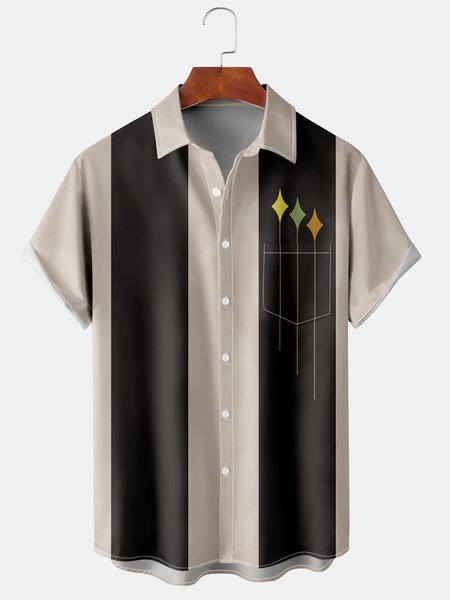 

Casual Art Collection Geometric Stripes Color Block Pattern Lapel Short Sleeve Shirt Print Top, Khaki, Men's Floral shirt