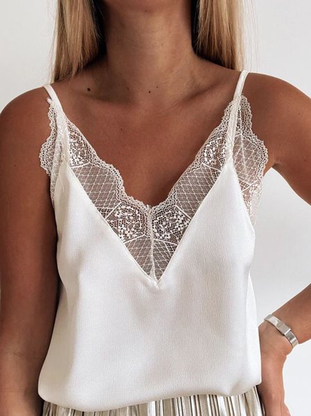

Spaghetti Casual Guipure Tanks & Camis, White, Tanks & Camis