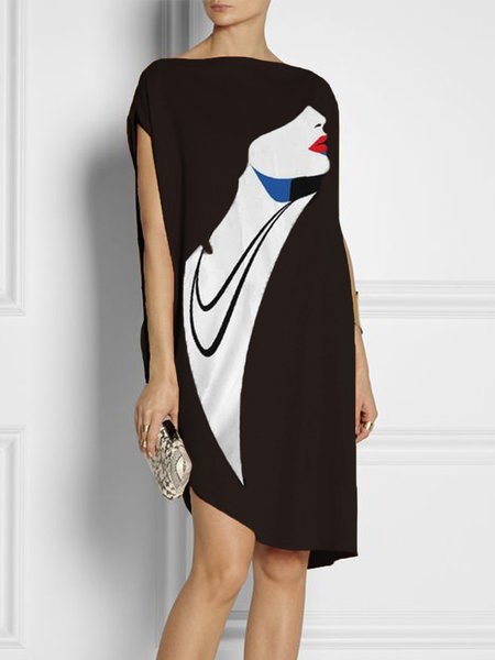 

Elegant Boat Neck Loosen Figure Knee Dress, Black, Mini Dresses