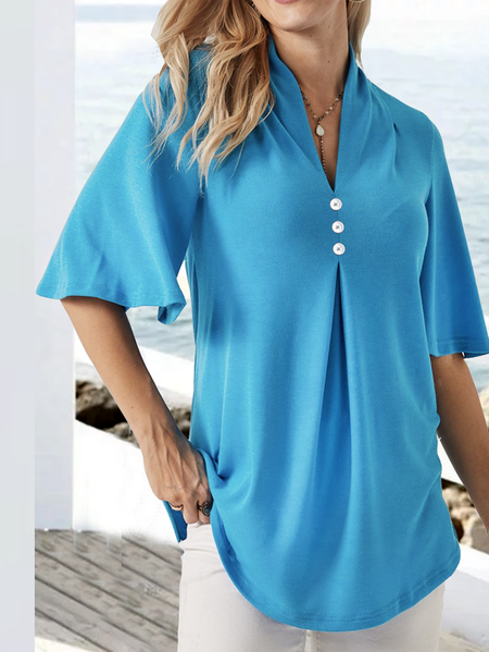 

Collar Pleated Button Top Plain V Neck Loosen Short Sleeve Tops, Blue, Shirts & Blouses