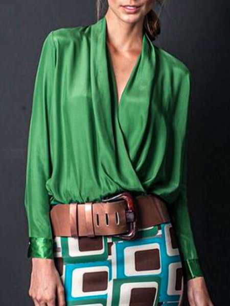 

V Neck Loosen Simple Tops, Green, Tops