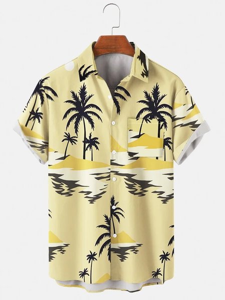 

Men's Coconut Tree Print Casual Fabric Fashion Hawaiian Lapel Short Sleeve Shirt, Yellow, Men's Floral shirt