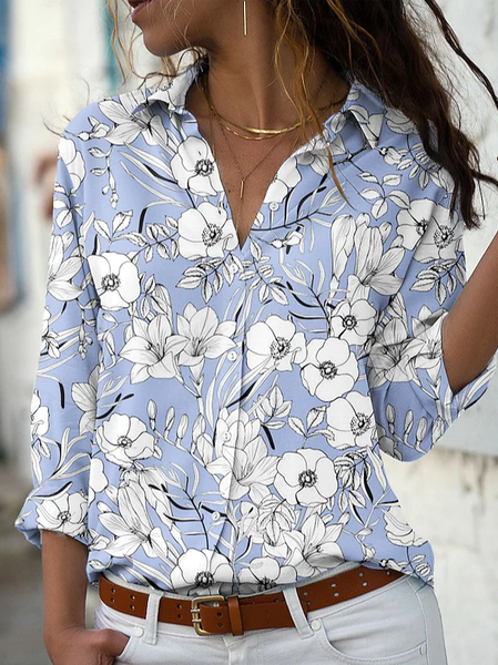 

Casual Floral Loosen Shirt Collar Blouse, Blue, Shirts & Blouses