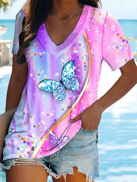 

Butterfly Printed Regular Fit V Neck Casual T-Shirt, Pink, Tops
