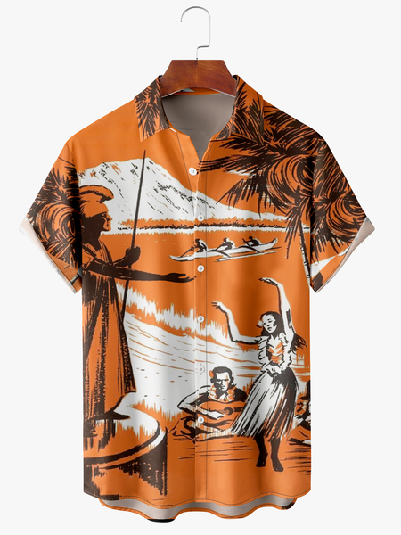 

Men's Ocean Print Moisture Absorbent Breathable Fabric Fashion Hawaiian Lapel Short Sleeve Shirt, Orange, Men's Floral shirt