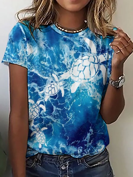 

Womens Vocation Summer Sea Turtle print Crew Neck Casual T-Shirt, As picture, T-shirts