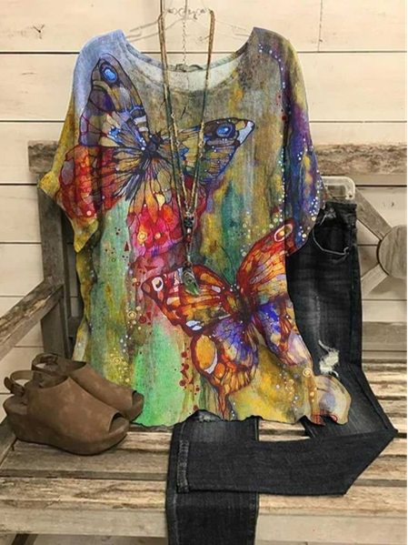

JFN Crew Neck Butterfly Vintage Casual Loose Top, Multicolor, Blouses
