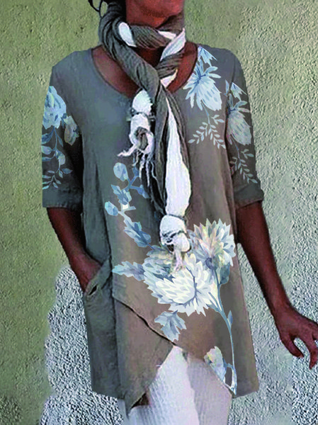 

Scoop Neckline Casual Floral Tops, Khaki, Shirts & Blouses