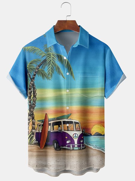 

Men's Casual Short Sleeve Hawaiian Shirt with Chest Pocket, Blue, Men's Floral shirt