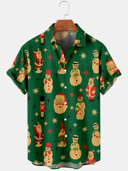 

Men's Santa Print Casual Breathable Short Sleeve Shirt, Green, Men's Floral shirt