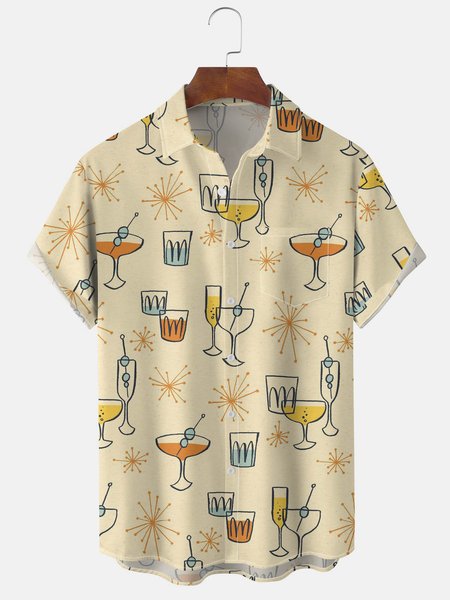 

Drink Graphics Men's Casual Short Sleeve Chest Pocket Loose Shirt, Light yellow, Men's Floral shirt