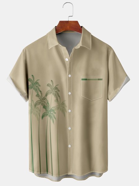 

Holiday Style Hawaiian Series Botanical Gradient Coconut Tree Element Pattern Lapel Short-Sleeved Shirt Print Top, Khaki, Men's Floral shirt