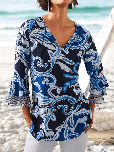

V neck Tribal Casual Loosen Tops, Multicolor, Blouses & Shirts