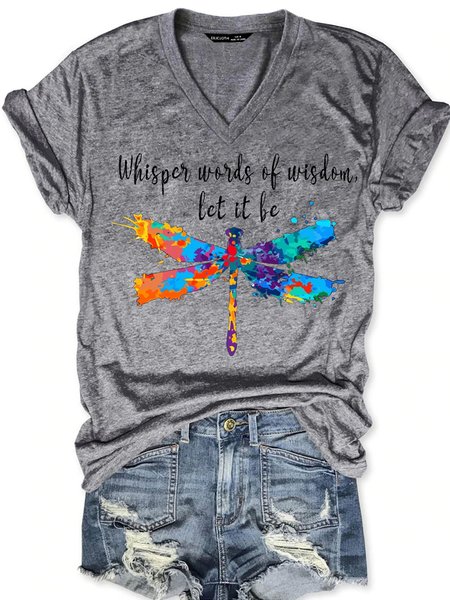 

Womens Whisper words of wisdom let it be dragonfly V Neck T-Shirt, Gray, T-shirts