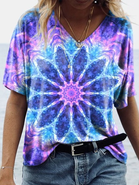 

Blue Mandala V-Neck Loose Casual T-Shirt, T-Shirts