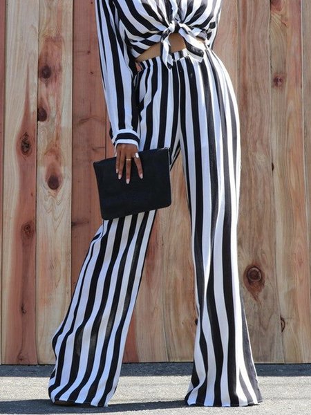 

Long High Waist White Daily Vacation Striped Pants, Wide Leg Pants