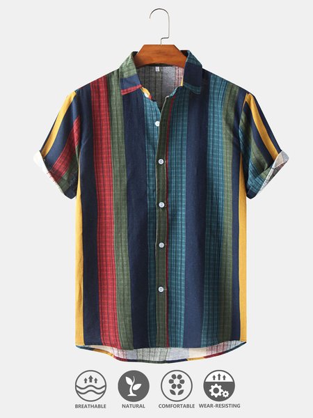 

Cotton Linen Striped Casual Short Sleeve Shirt, As picture, Men's Floral shirt