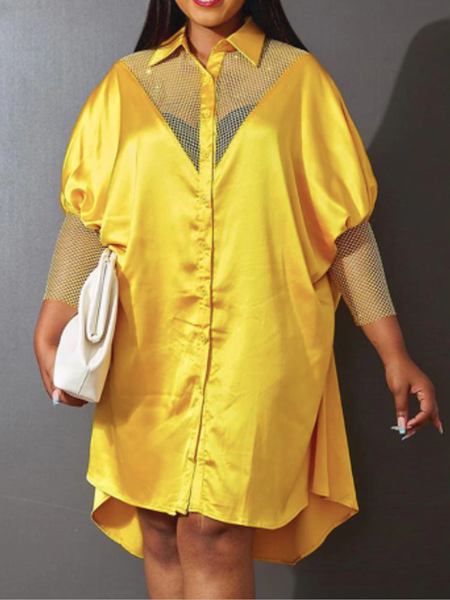 

Summer Lightweight A-line Shirt Collar Loosen Daily Dresses, Yellow, Midi Dresses