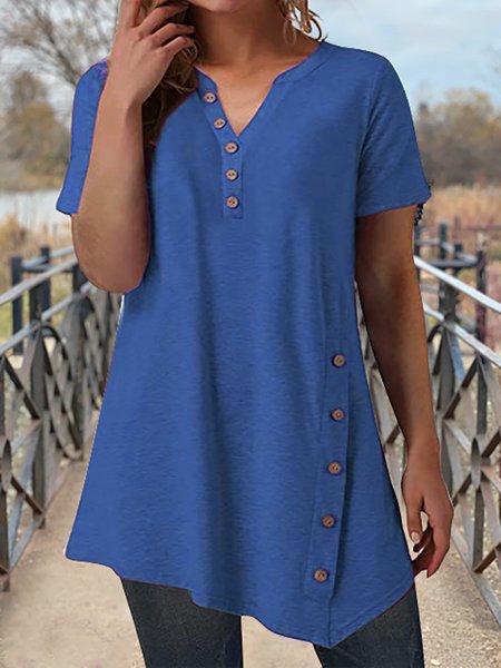 

Casual Loose And Irregular Hem Design Short-sleeved Top, Blue, Tunics