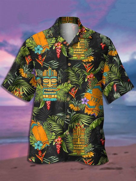 

Hawaiian Graphic Men's Casual Short Sleeve Loose Shirt, Black, Men's Floral shirt