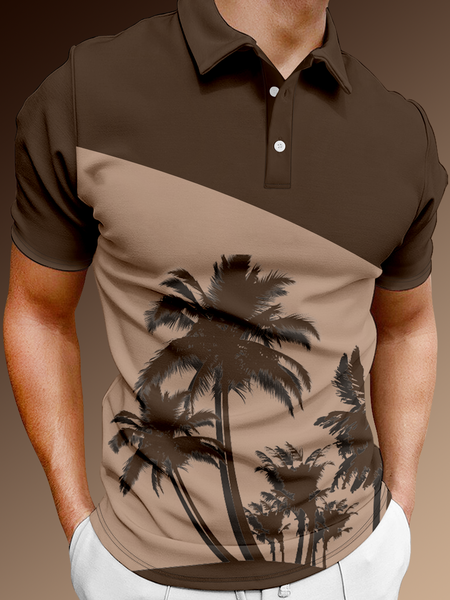 

Holiday Style Hawaiian Series Botanical Coconut Tree Geometric Color Block Element Pattern Lapel Short-Sleeved Polo Print Top, Brown, Men's t-shirts
