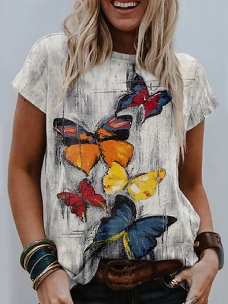 

Casual Crew Neck Butterfly Loosen Short Sleeve T-Shirt, Multicolor, T-Shirts