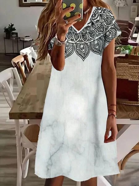 

Regular Fit Cotton V Neck Short Sleeve Knit Dress, White, Dresses