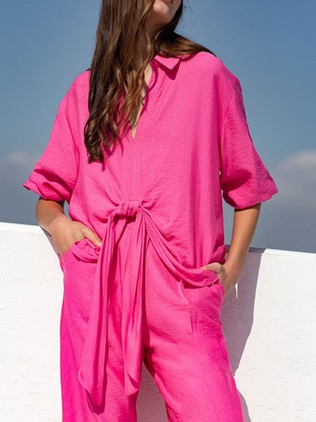 

Vacation Solid Shirt Collar Blouse, Pink, Blouses and Shirts