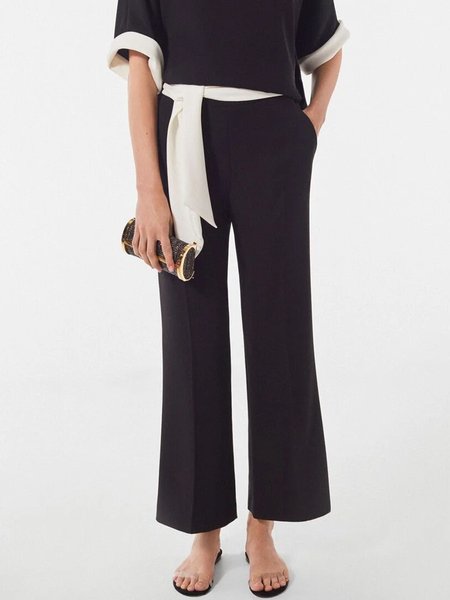 

Simple Color Block Regualr Fit Pants, Black-white, Wide Leg Pants