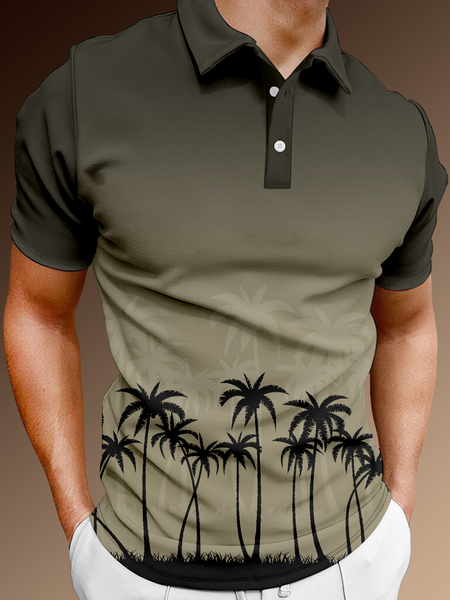 

Holiday Style Hawaii Series Gradient Plant Leaves Coconut Tree Element Pattern Lapel Short-Sleeved Polo Print Top, Dark green, Men's t-shirts