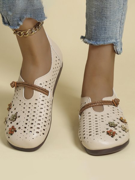 

JFN Flower Hollow Round Toe Buckle Low Heel Peas Shoes Deep Mouth Single Shoes, Beige, Flats
