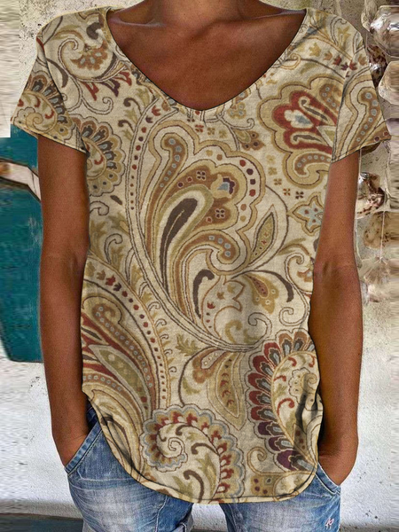 

Casual Paisley Regular Fit V Neck T-Shirt, Khaki, T-Shirts