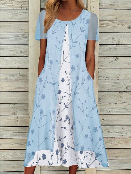 

Floral Printed Short Sleeve Casual Dresses, Blue, Dresses
